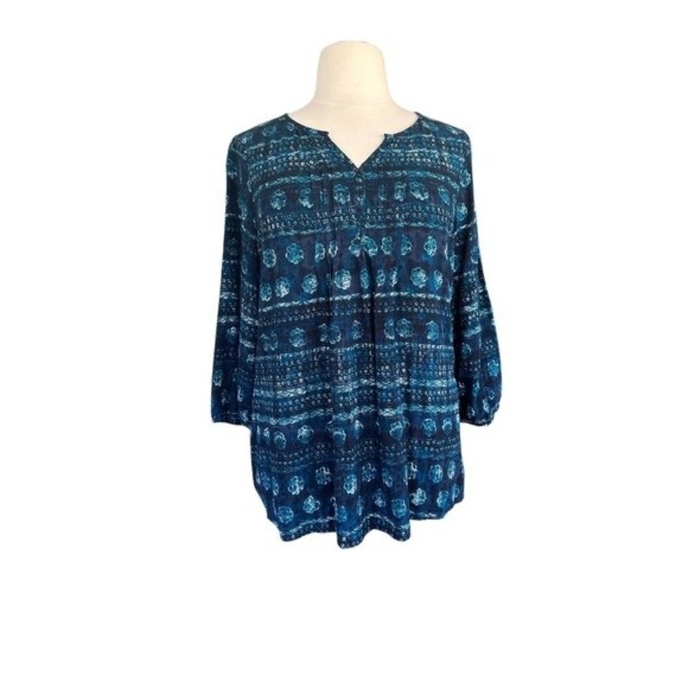 Sonoma - Blue and Green Printed Pintuck Peasant Top | Women's Size XXL | 16/18
